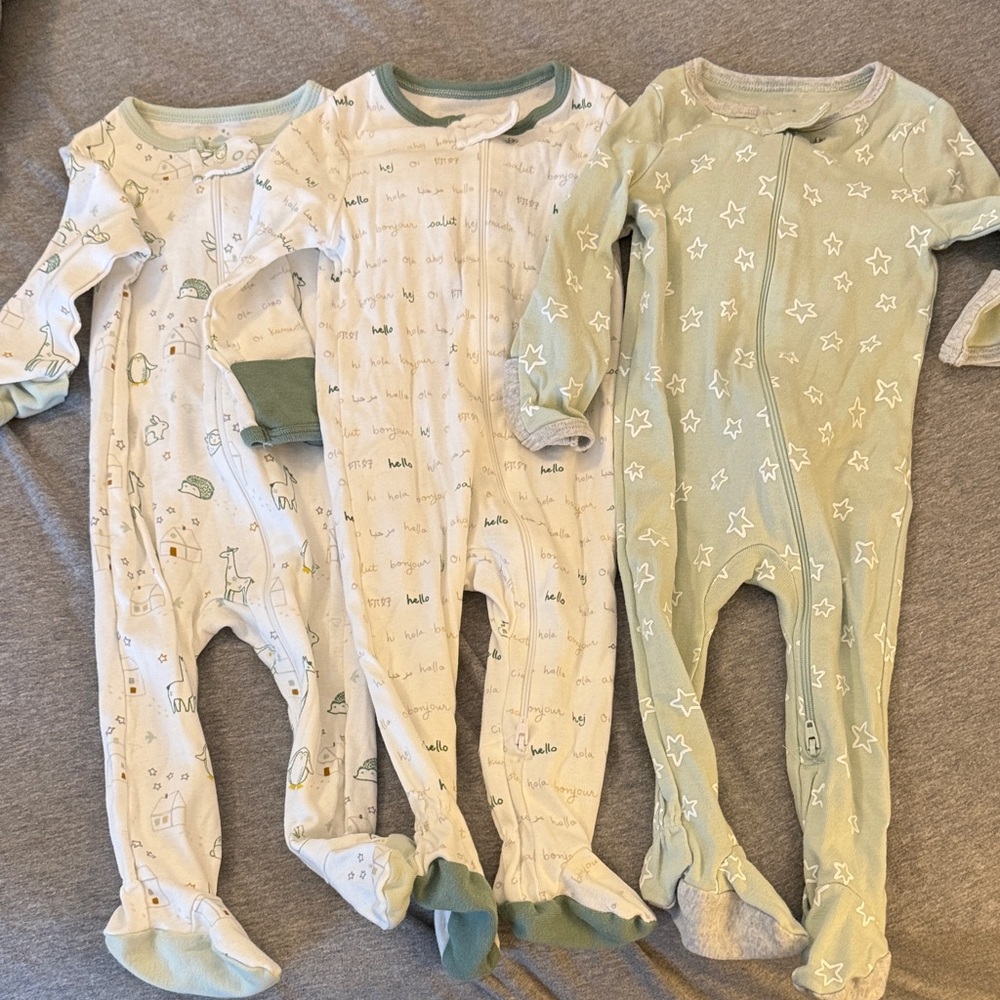 cloud island Baby Footed Pajama 3-Pack Green White Unisex Boy Girl 6-9 Months